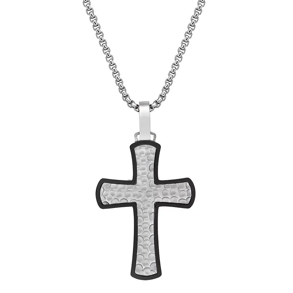 LYNX Men's Black Ion-Plated Hammered Stainless Steel Cross Pendant Necklace, Size: 24", Two Tone Product Image