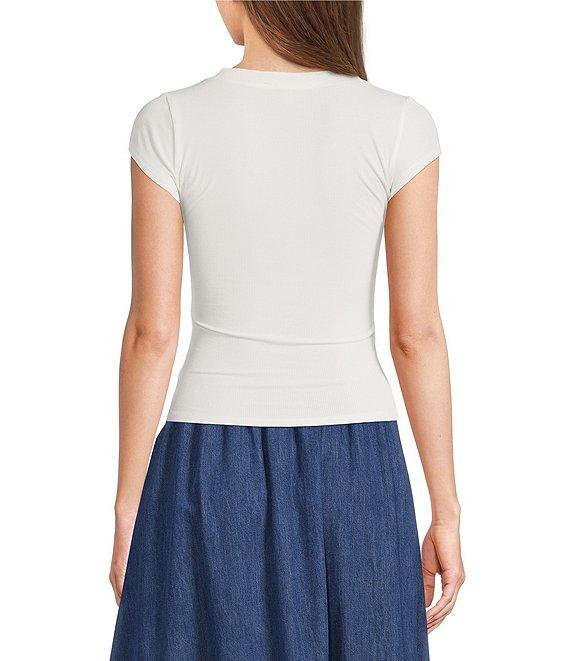 Blu Pepper V-Neck Short Sleeve Half Snap Button Knit Top Product Image