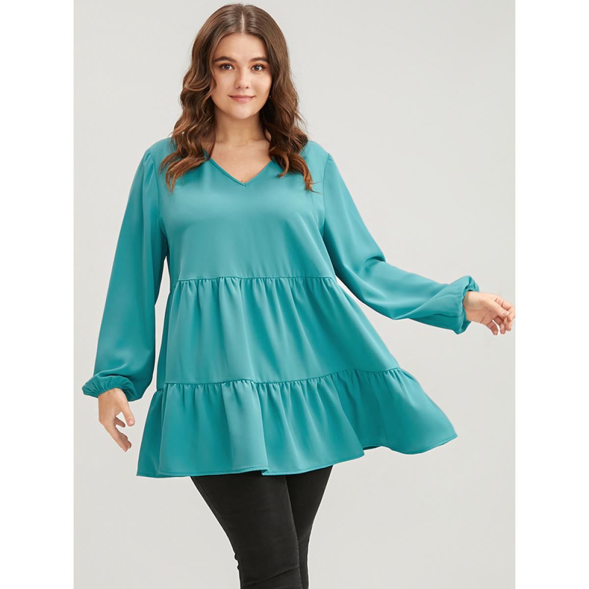 Plus Size Aegean Solid V Neck Lantern Sleeve Ruffle Hem Blouse Without Belt Women Elegant Long Sleeve V-neck Dailywear Blouses BloomChic 10/M Product Image