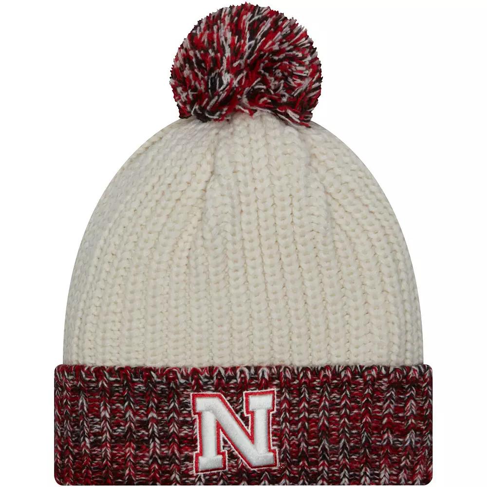 Women's New Era Cream Nebraska Huskers Fresh Cuffed Knit Hat with Pom, Beige Product Image