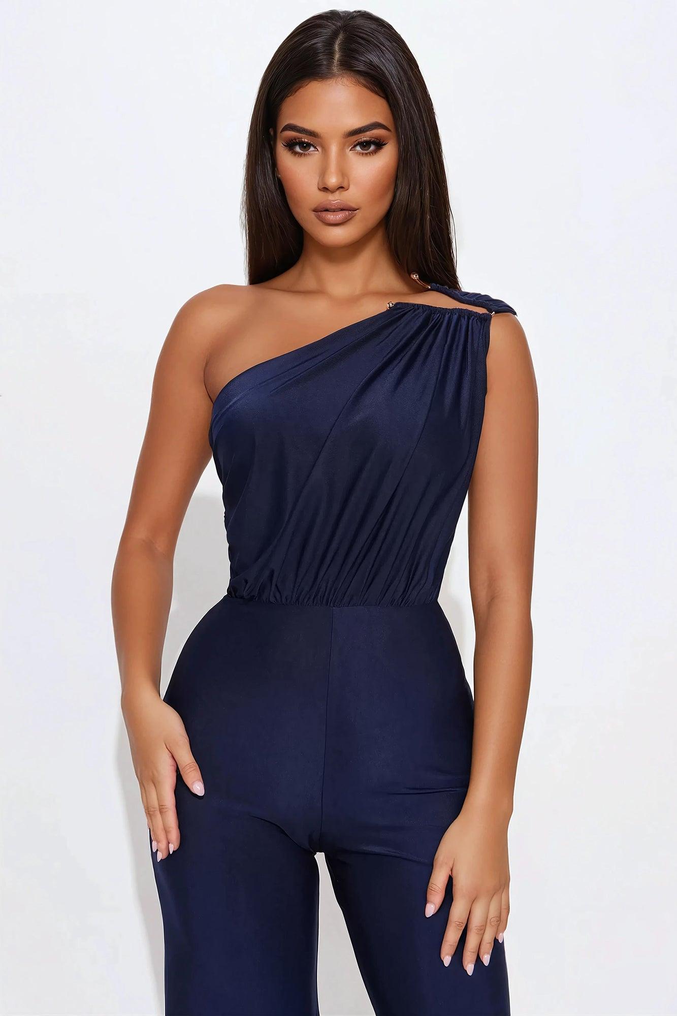 Marisol Wide Leg One Shoulder Jumpsuit - Navy Product Image