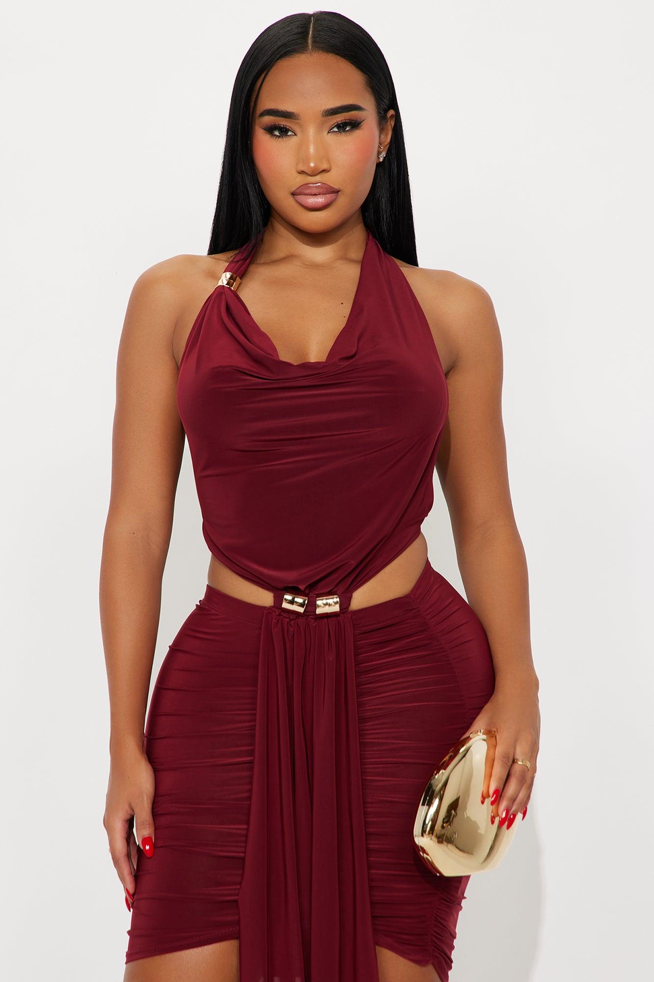 Jolie Ruched Halter Mini Dress - Burgundy Female Product Image