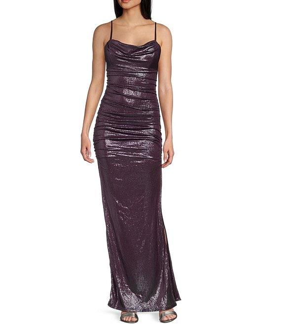 Honey and Rosie Spaghetti Strap Cowl Neck Shirred Fitted Gown Product Image