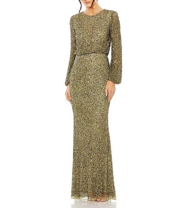 Mac Duggal Crew Neck Long Sleeve Beaded Blouson Gown Product Image
