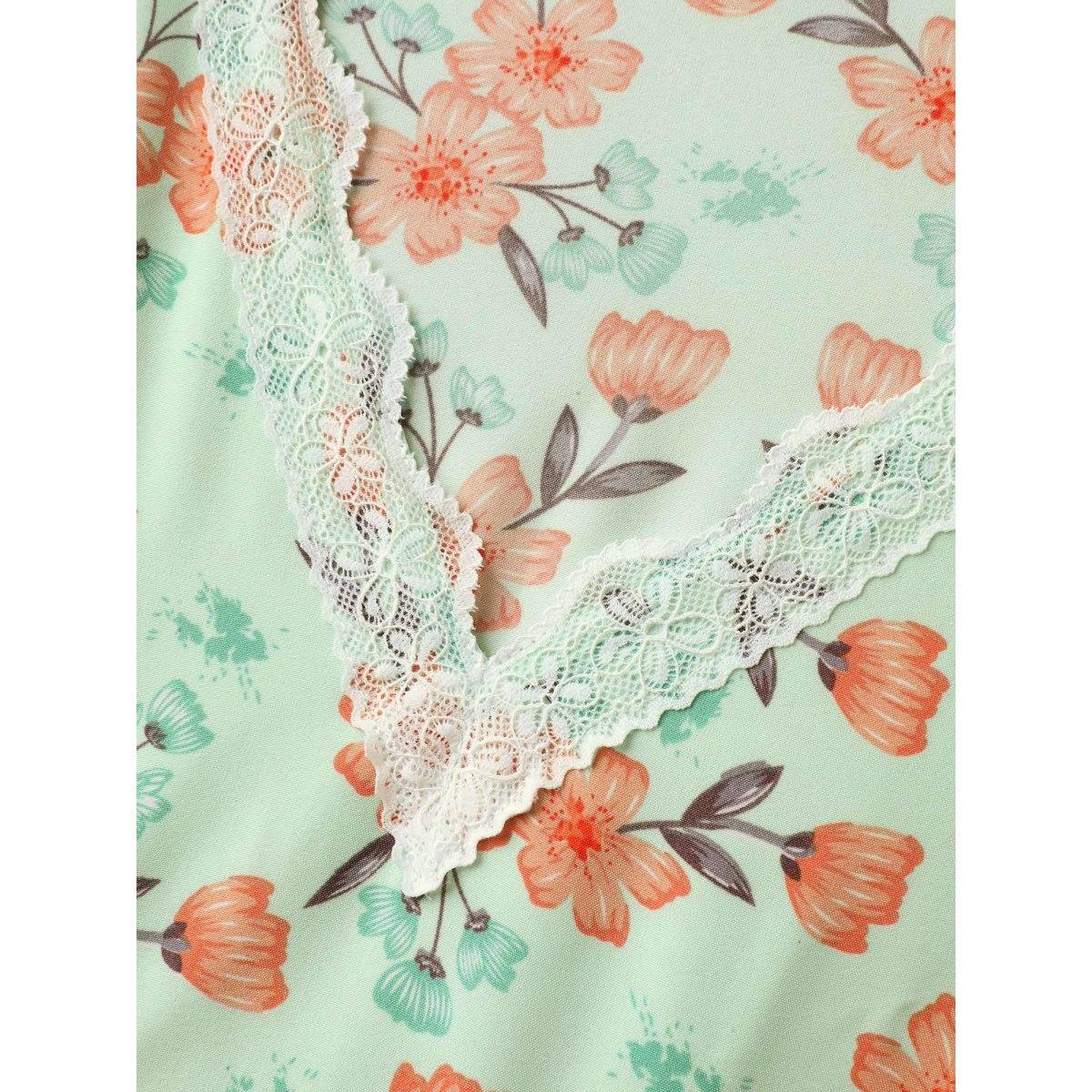 Plus Size Breezy Floral Print Lace Trim Midi Dress LightGreen Women V-neck Sleeveless Curvy BloomChic 30/6X Product Image