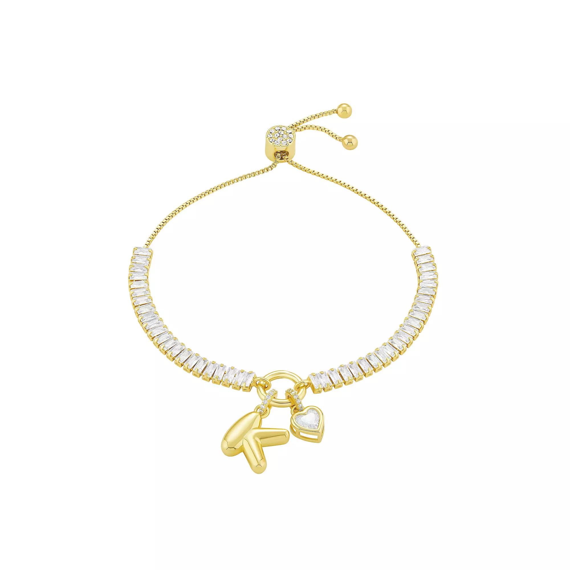 Brilliance Cubic Zirconia Heart & Polished Bubble Initial Charm Adjustable Bracelet, Women's, Size: 4-10" ADJ, Silver Tone S Product Image