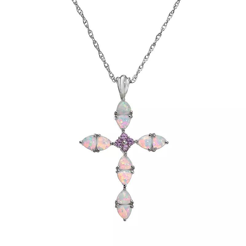 Classic Treasures Lab-Created Opal and Lab-Created Pink Sapphire Sterling Silver Cross Pendant Necklace, Women's,  Product Image