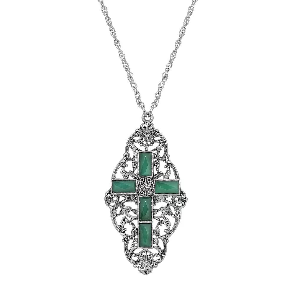 Symbols of Faith Silver Tone Filigree Simulated Crystal Cross Necklace, Womens, Green Product Image