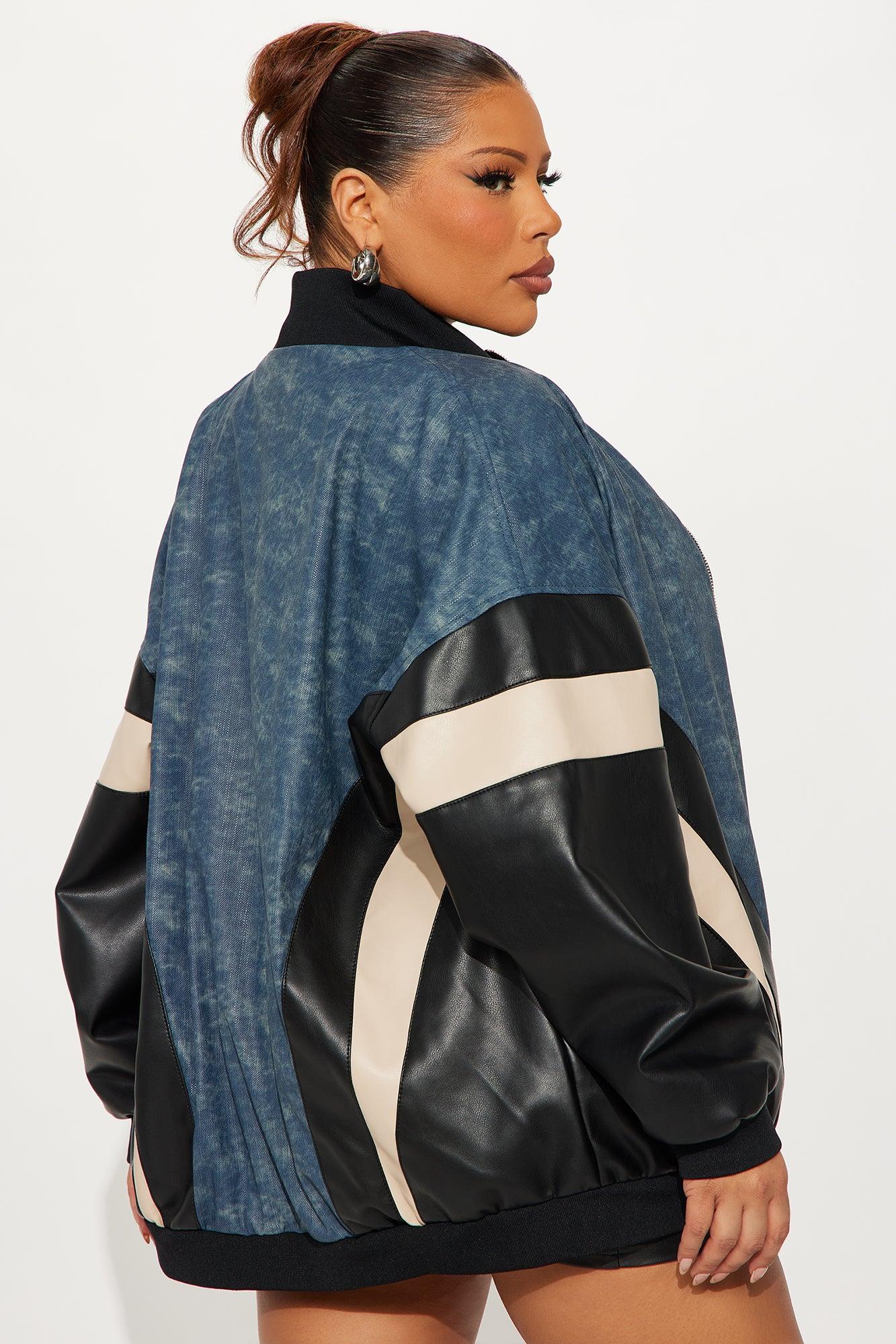 Jaded Oversized Faux Leather Bomber Jacket - Navy/combo Female Product Image