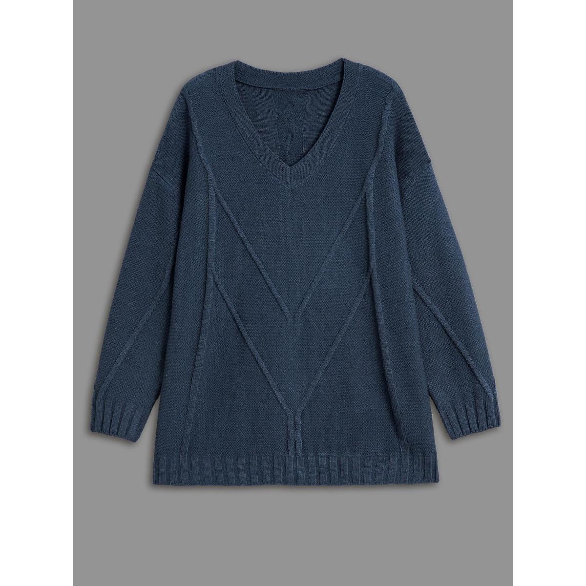 Plus Size V Neck Cable Knit Texture Pullover Midnight Women Leisure Loose Long Sleeve V-neck Casual Pullovers BloomChic 10/M Product Image