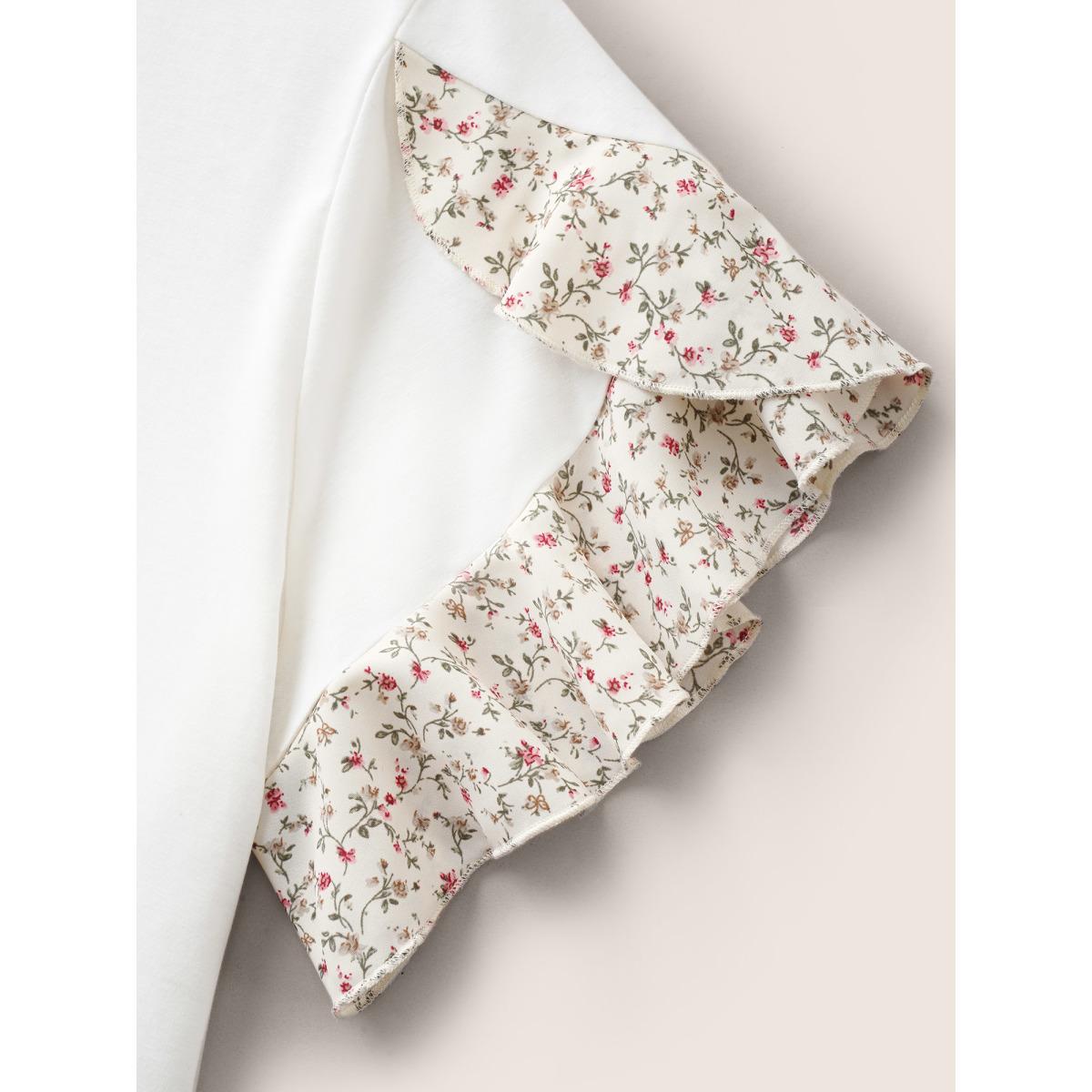 Plus Size Ditsy Floral Patchwork Petal Sleeve T-shirt White Women Elegant Patchwork Round Neck Everyday T-shirts BloomChic 14-16/1X Product Image