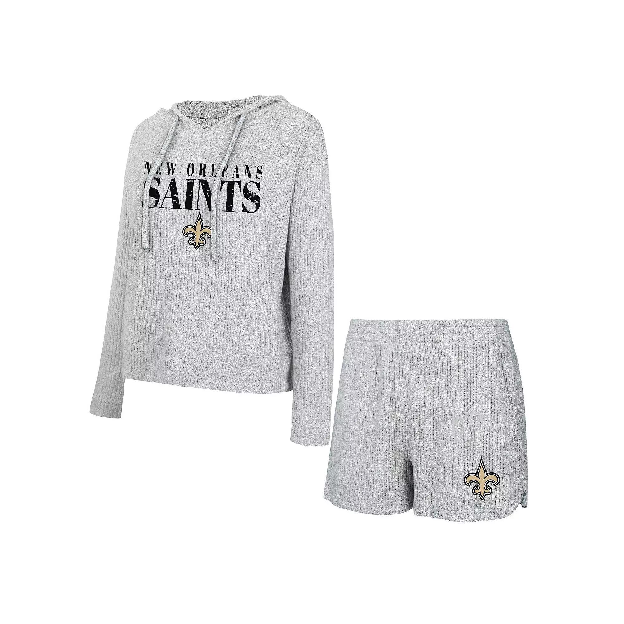 Women's Concepts Sport Gray New Orleans Saints Juniper Long Sleeve Hoodie T-Shirt & Shorts Set,  Product Image