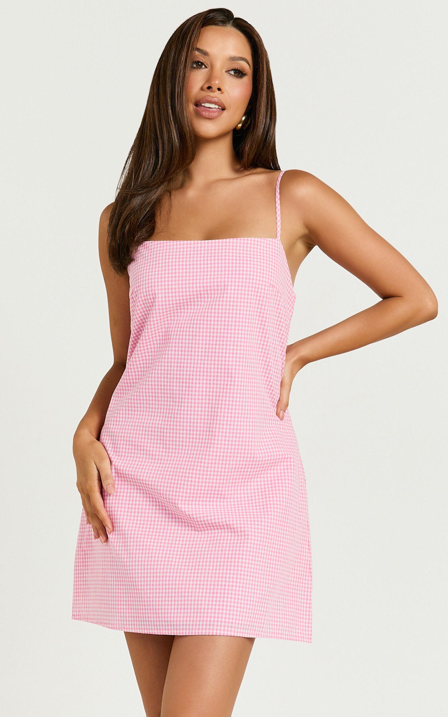Mavie Mini Linen Dress - Linen Strappy Shift Dress in Pink Gingham Product Image