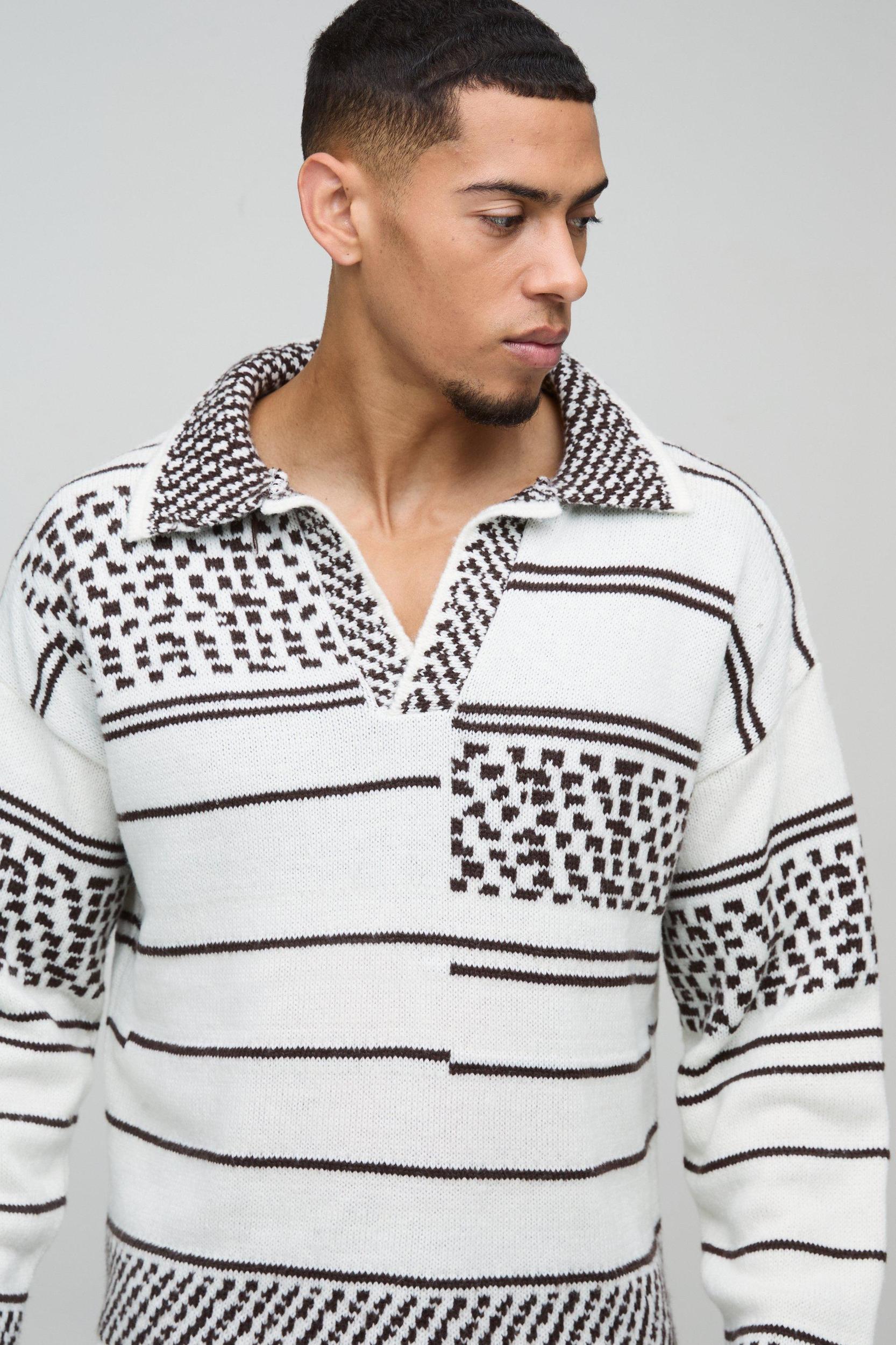 Oversized Boxy Brushed Patterned Knitted Polo Sweater | boohooMAN USA Product Image