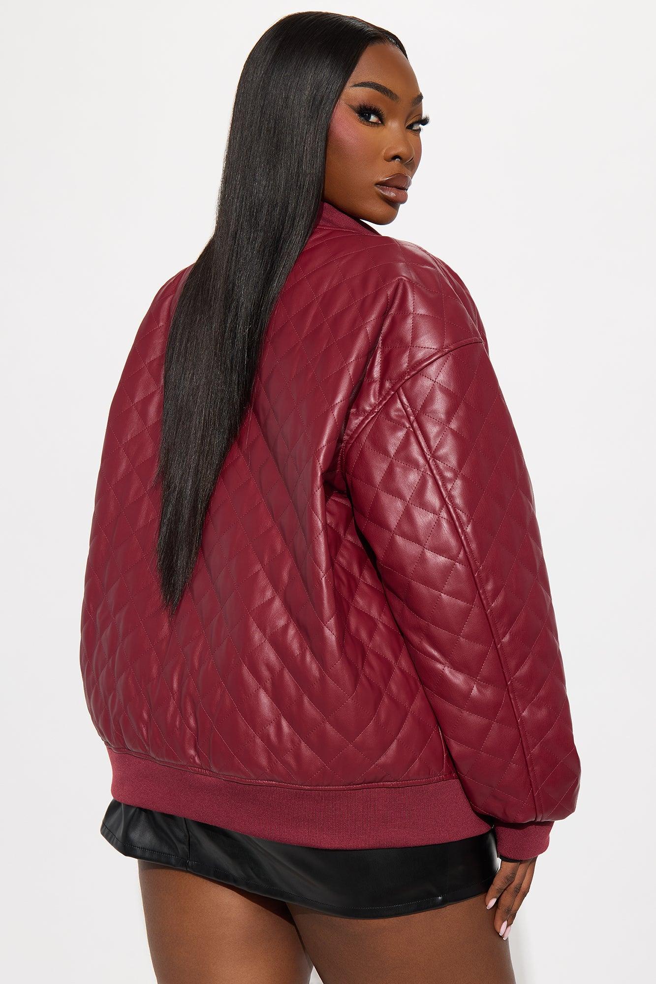 Around The Way Quilted Faux Leather Bomber Jacket - Burgundy Female Product Image