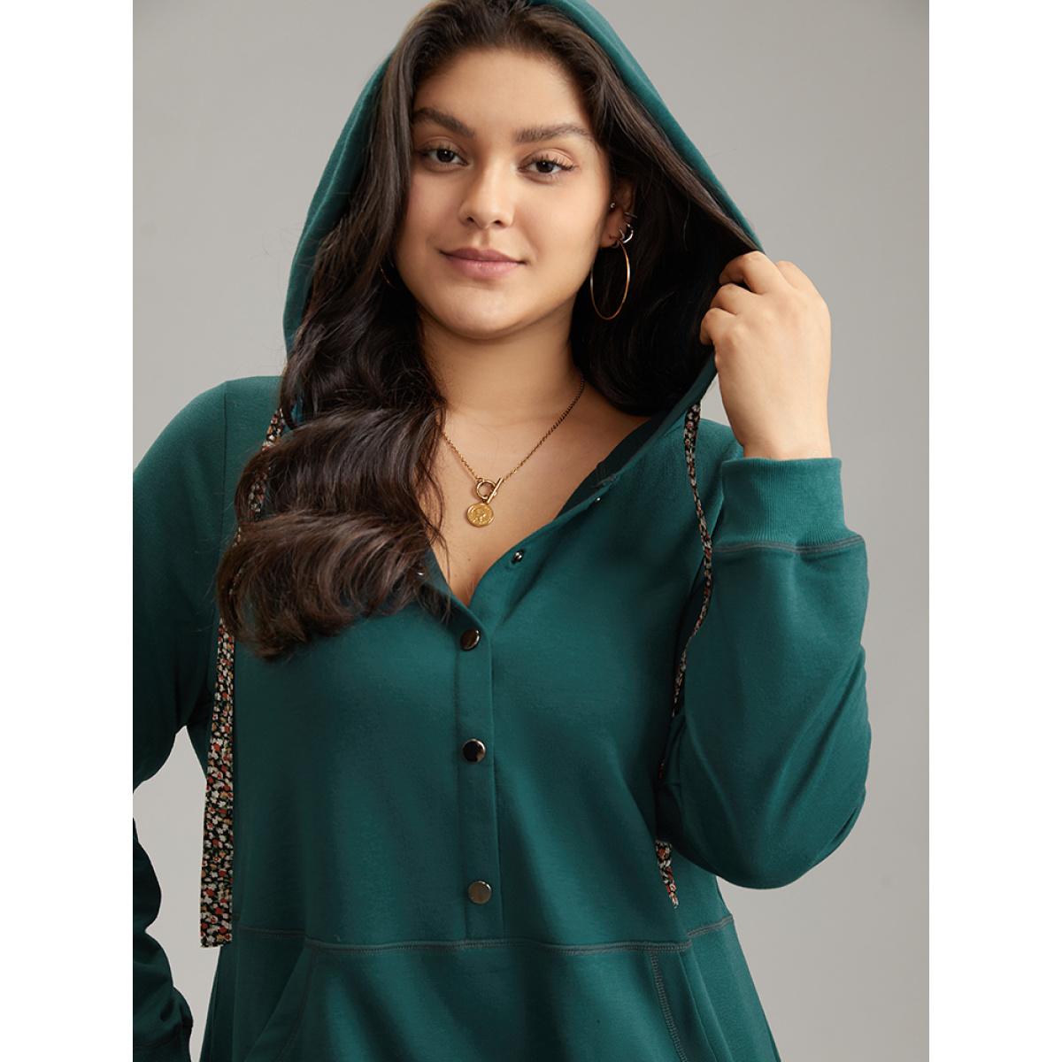 Plus Size Ditsy Floral Ties Hooded Kangaroo Pocket Sweatshirt Women Cyan Casual Contrast Hooded Dailywear Sweatshirts BloomChic 12/L Product Image
