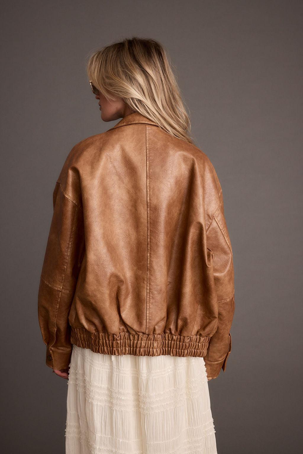 London Calling Cognac Oversized Faux Leather Jacket Product Image