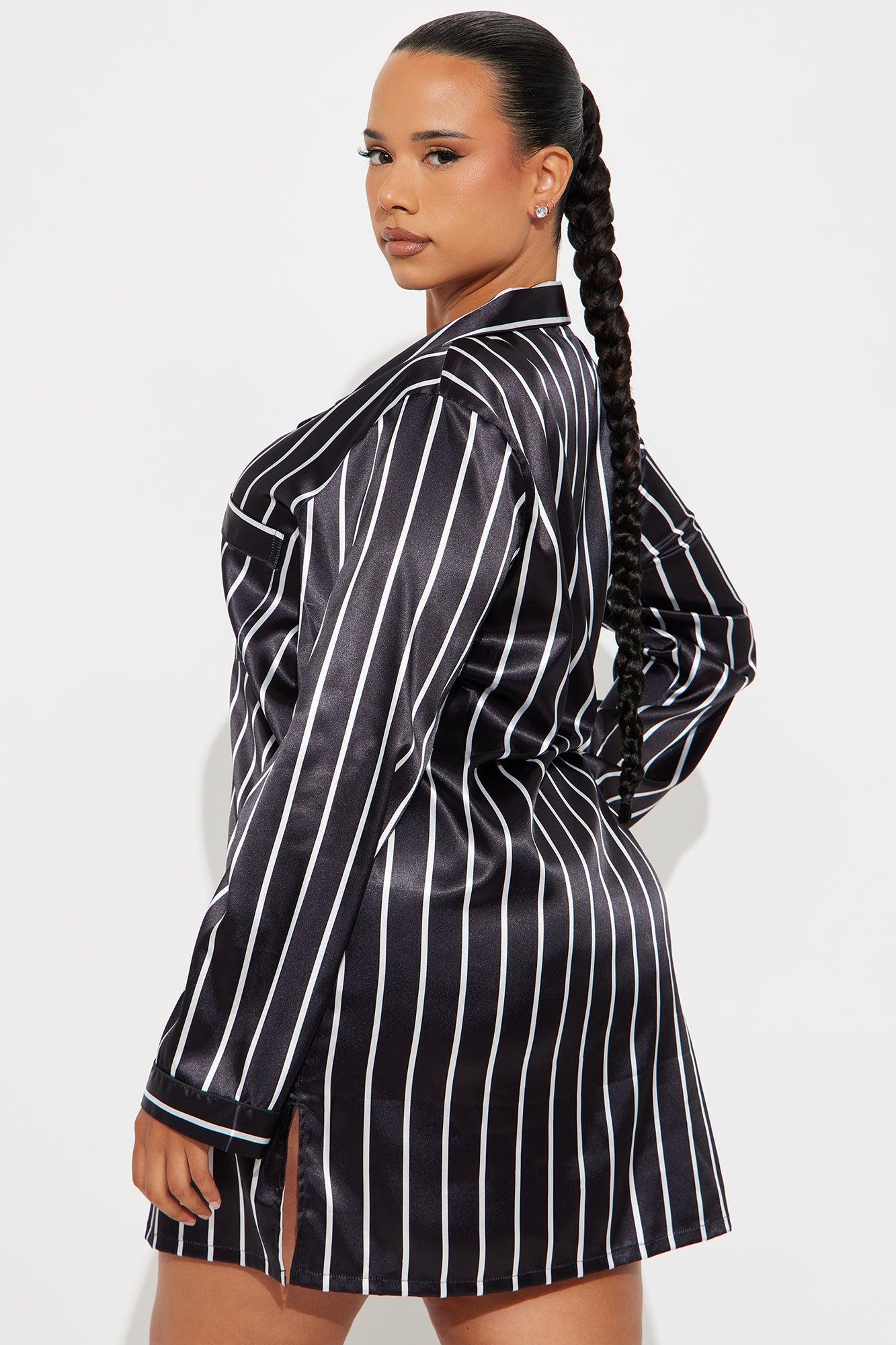 Elle Satin Long Sleeve PJ Sleep Shirt - Black/White Female Product Image