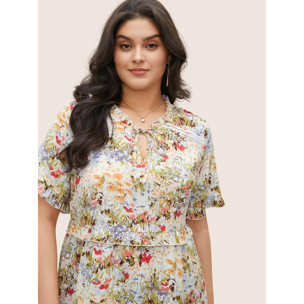 Plus Size Ivory Allover Print Tiered Ruffles Lace Patchwork Ties Blouse Women Elegant Short sleeve Notched collar Everyday Blouses BloomChic 12/L Product Image