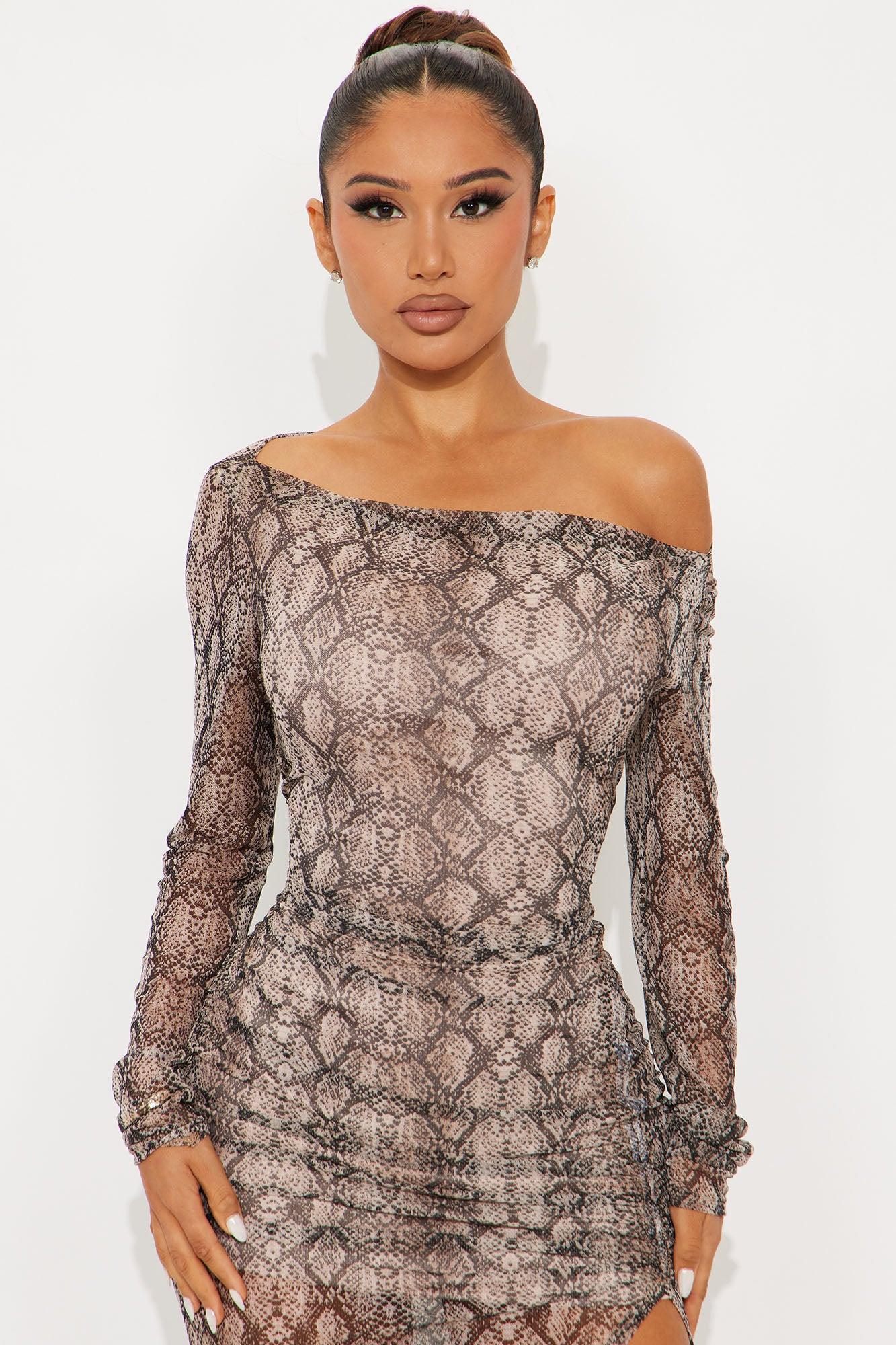 Roya Ruched Mesh Midi Dress - Brown/combo Female Product Image