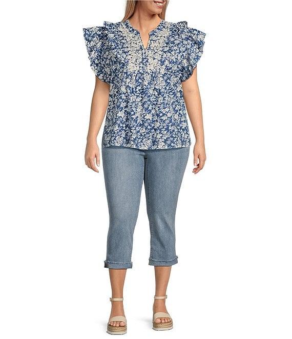Code Bleu Plus Size Twill High Rise Frayed Cuff Hem Denim Capri Jeans Product Image