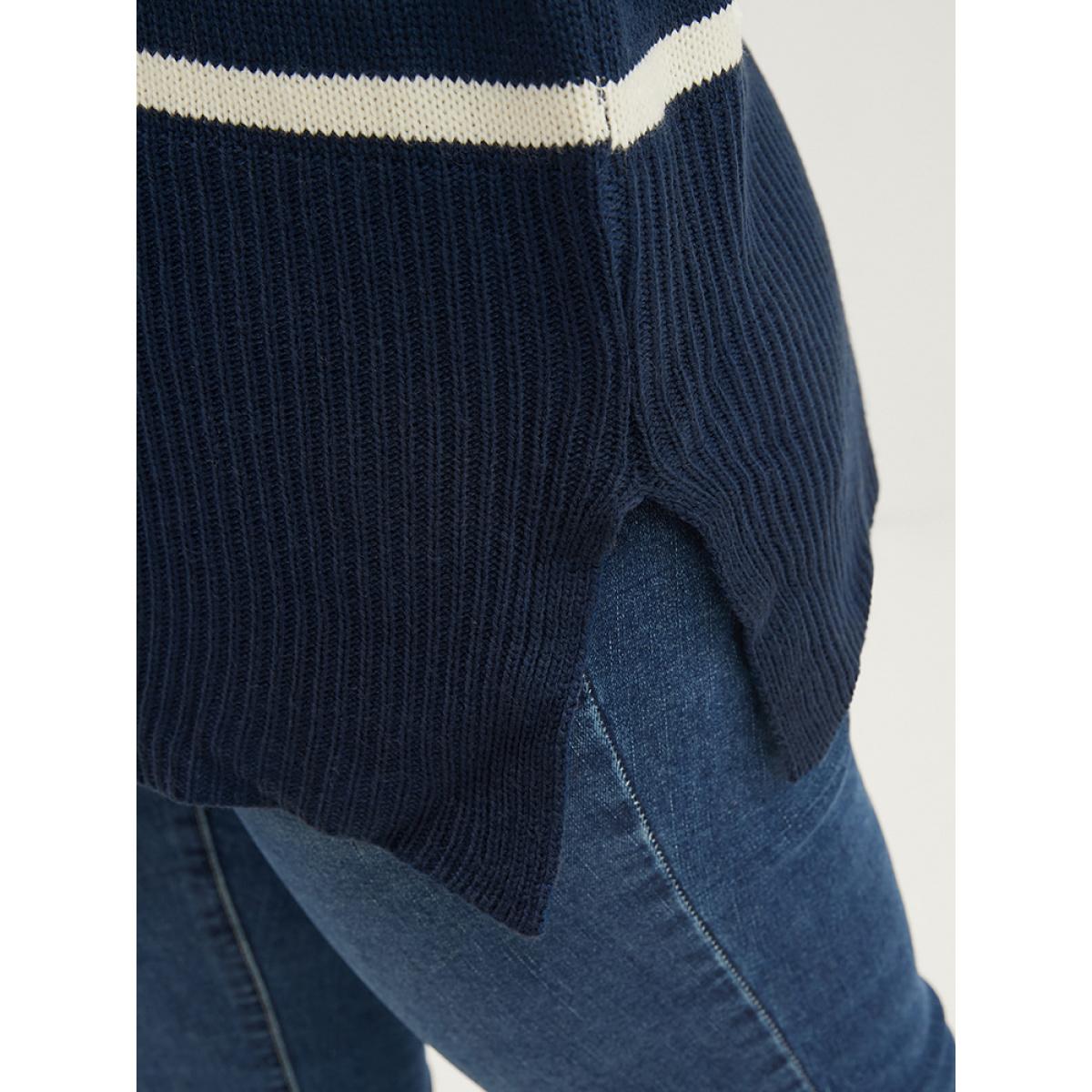 Plus Size Striped Contrast Pointelle Knit Split Hem Mock Neck Knit Top DarkBlue Women Casual Loose Long Sleeve Mock Neck Dailywear Pullovers BloomChic 26/4X Product Image