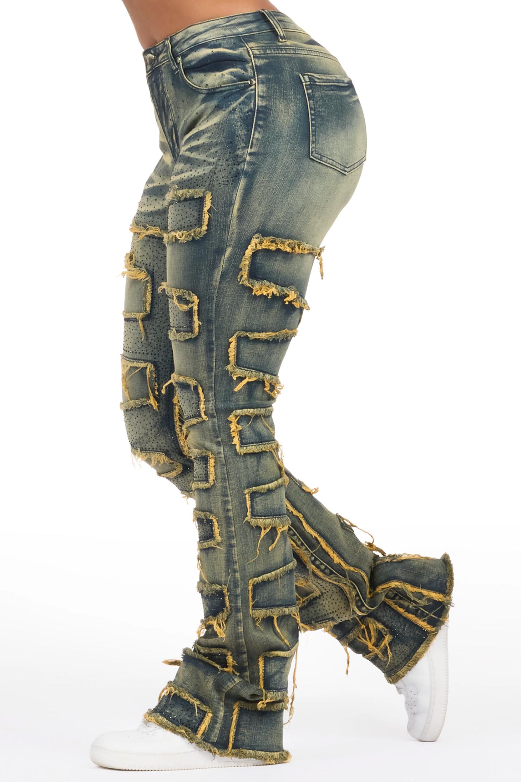 Zariyah Tinted Dark Wash Rhinestone Stacked Flare Jean Female Product Image