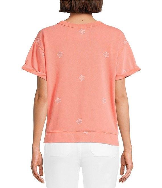 Westbound Petite Size Star Print Short Sleeve Crew Neck Knit Pullover Top Product Image