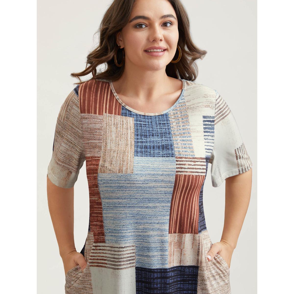 Plus Size Abstract Print Round Neck Flared Midi Dress Multicolor Women Casual Non Knit Dresses Bloomchic 22-24/3X Product Image