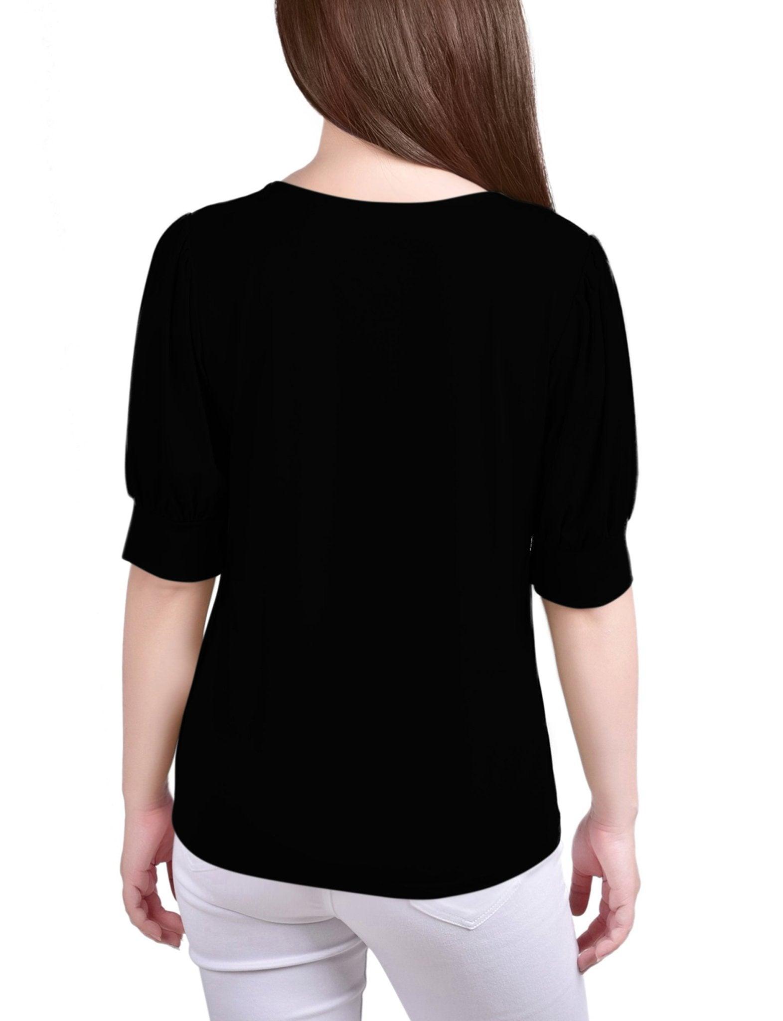 Black Short Sleeve Balloon Sleeve Top With Hardware - Petite Product Image