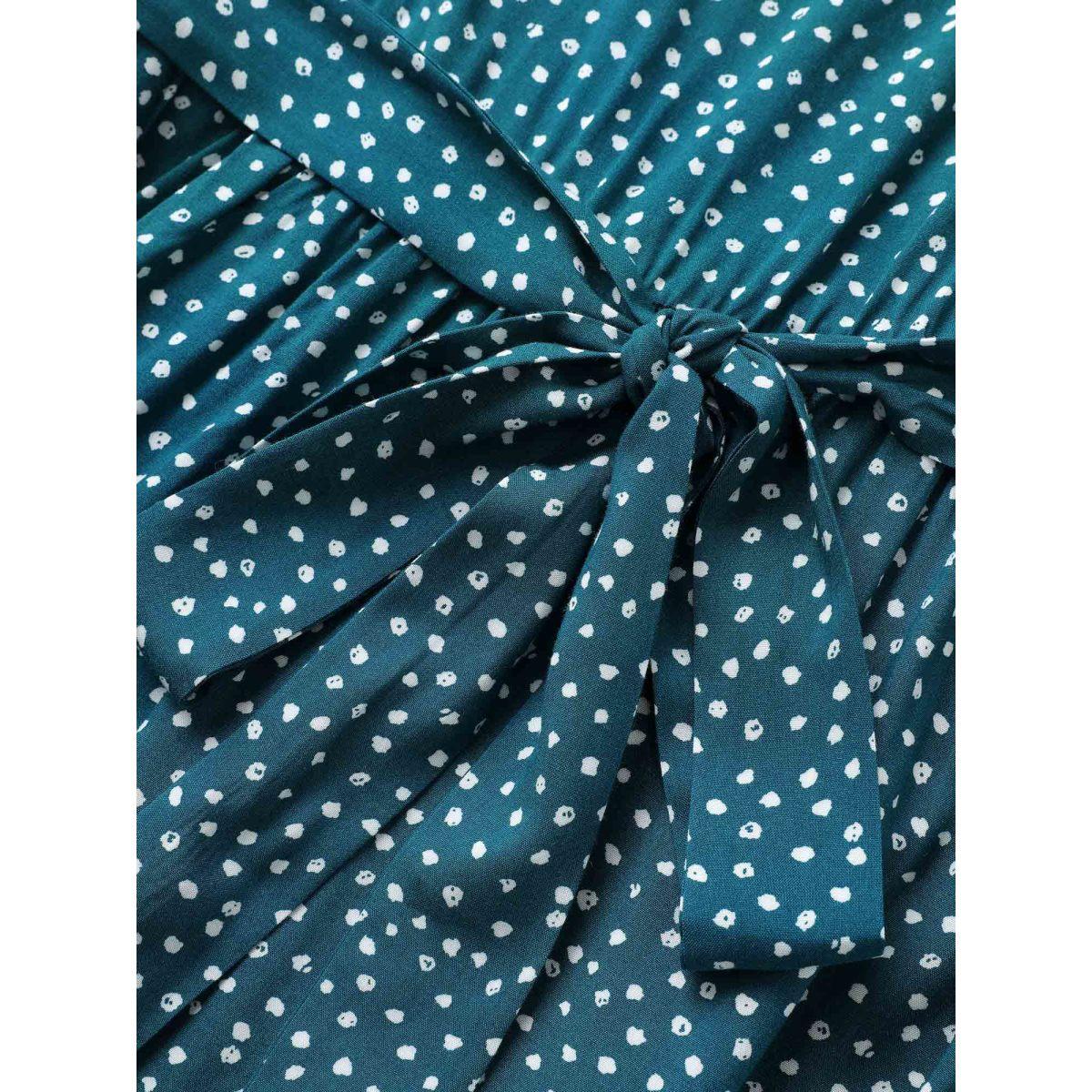 Plus Size Polka Dot Belted Flutter Sleeve Crew Neck Dress Teal Women Elegant Non Round Neck Short sleeve Curvy Midi Dress BloomChic 18-20/2X Product Image