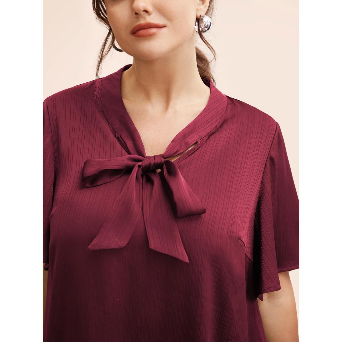 Plus Size Burgundy Plain Knot Neck Ruffle Sleeve Blouse Women Office Short sleeve Ribbon-tied collar Work Blouses BloomChic 10/M Product Image