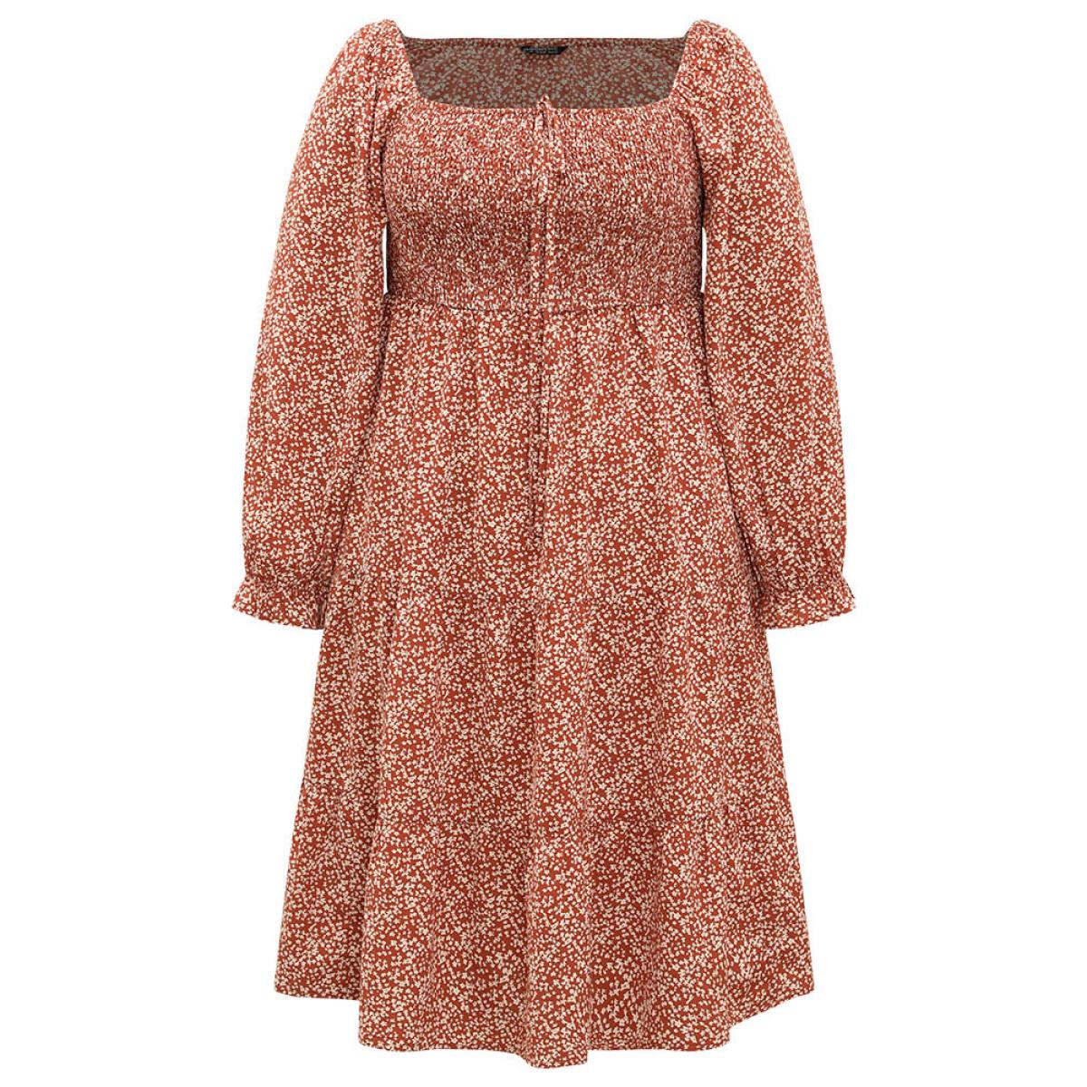 Plus Size Ditsy Floral Pocket Shirred Ties Dress Rust Women Elegant Elastic cuffs Square Neck Long Sleeve Curvy Midi Dress BloomChic 26/4X Product Image