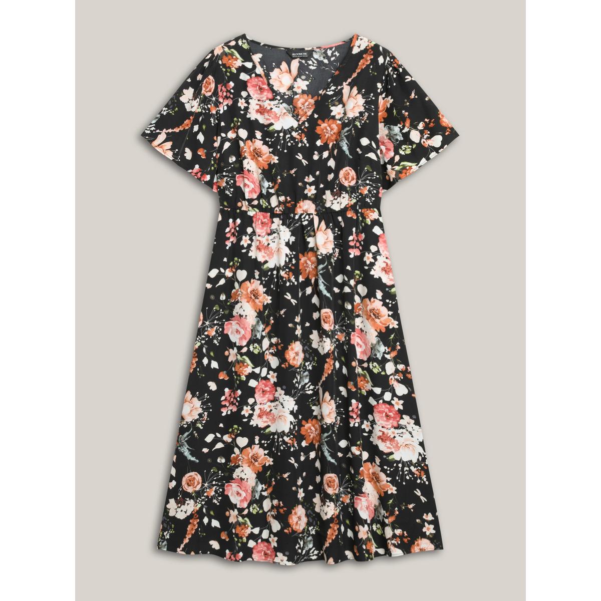 Plus Size Midnight Florals Cinched-Waist Pockets Midi Dress Black Women Overlap Collar Half Sleeve Curvy BloomChic 26/4X Product Image