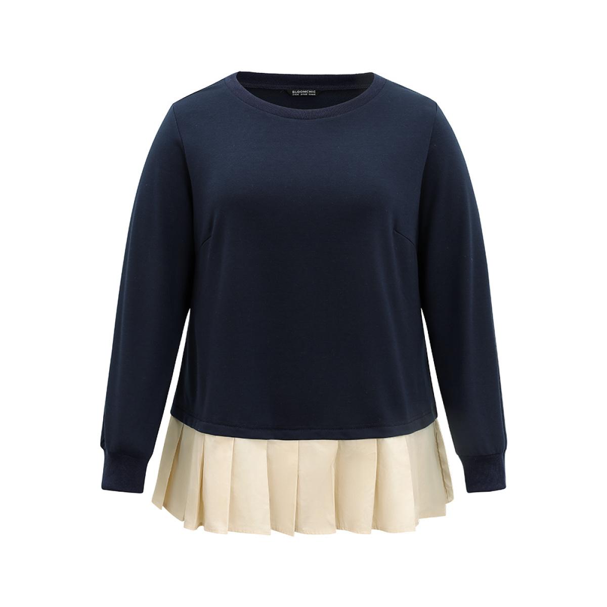 Plus Size 2-In-1 Two Tone Pleated Hem Sweatshirt Women Navy Casual Rib Knit Round Neck Dailywear Sweatshirts BloomChic 30/6X Product Image