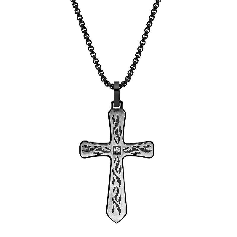 LYNX Men's Etched Black Ion-Plated Stainless Steel Cross Pendant Necklace, Size: 24", Two Tone Product Image
