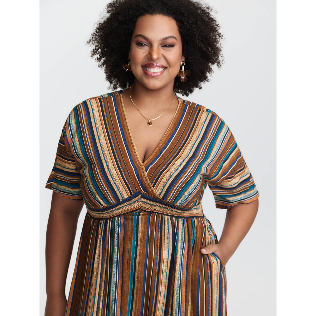 Plus Size Striped Contrast Dolman Sleeve Shirred Pocket Split Flutter Dress Multicolor Women Boho Non V-neck Half Sleeve Curvy BloomChic 26/4X Product Image
