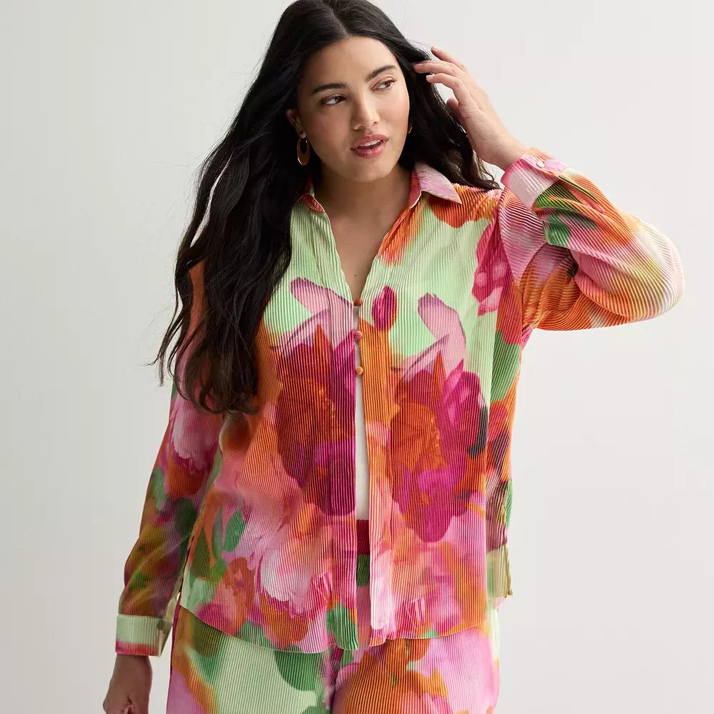 Women's INTEMPO™ Plisse Print Button Front Shirt, Size: Medium, Pink Garden Product Image