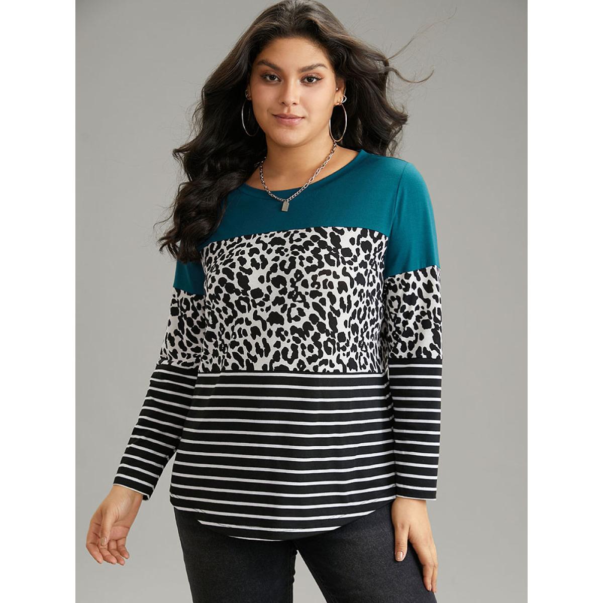 Plus Size Striped Leopard Patchwork Contrast Round Neck T-shirt Multicolor Women Casual Contrast Leopard Round Neck Dailywear T-shirts BloomChic 22-24/3X Product Image