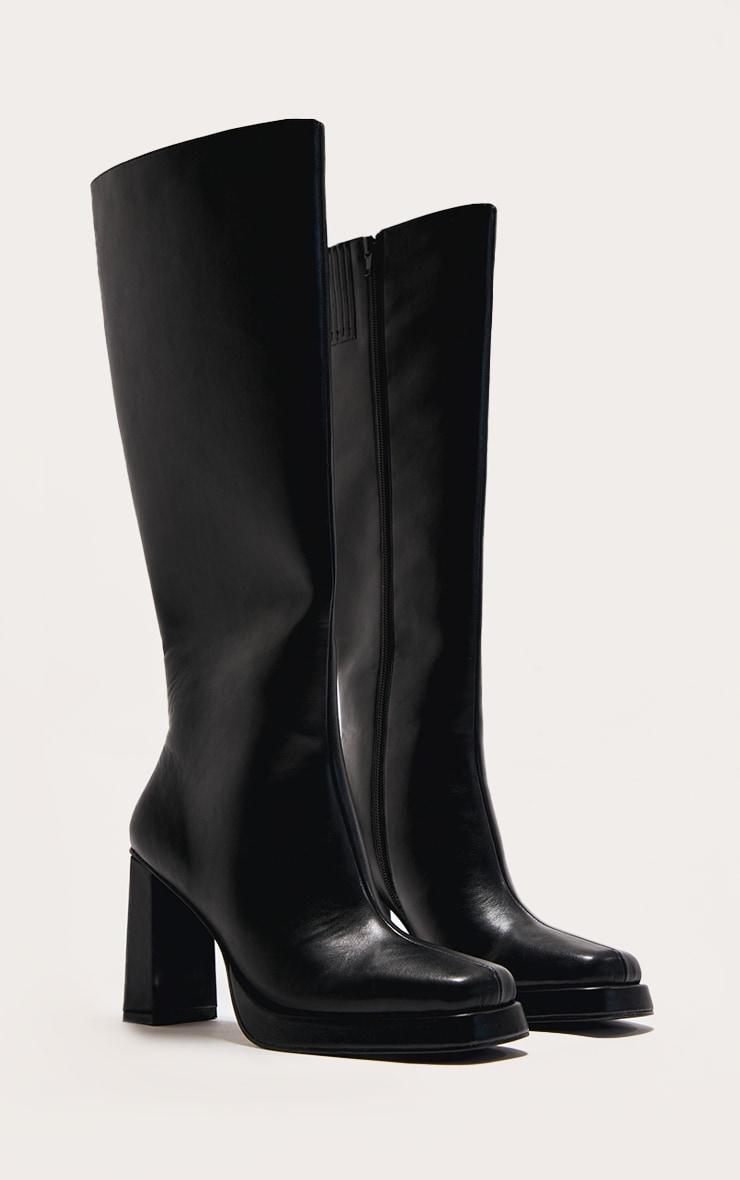 Black PU Square Toe Slight Platform Knee High Heeled Boots Product Image
