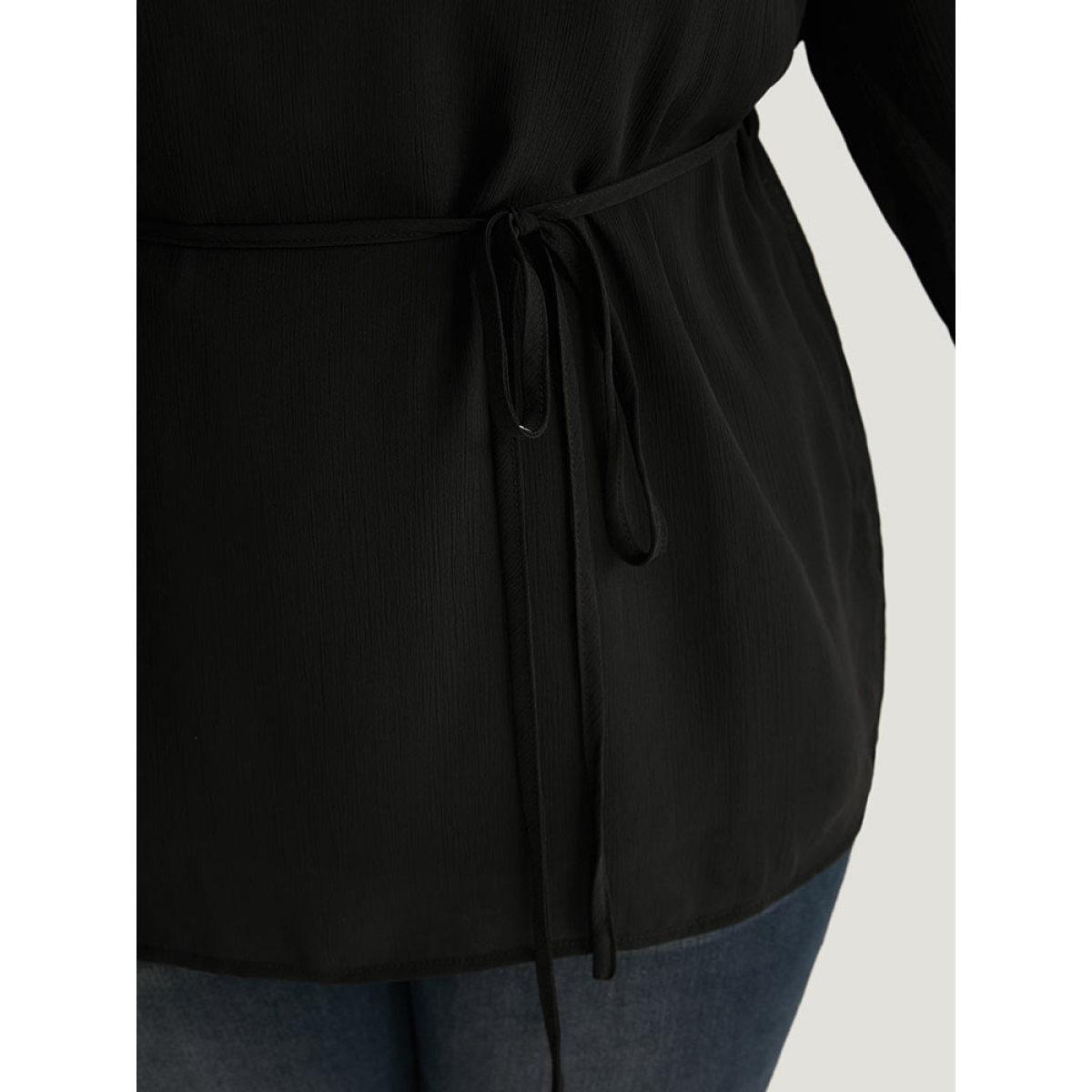 Plus Size Black Chiffon Mesh Tiered Bell Sleeve Blouse Women Office Long Sleeve Round Neck Work Blouses BloomChic 14-16/1X Product Image