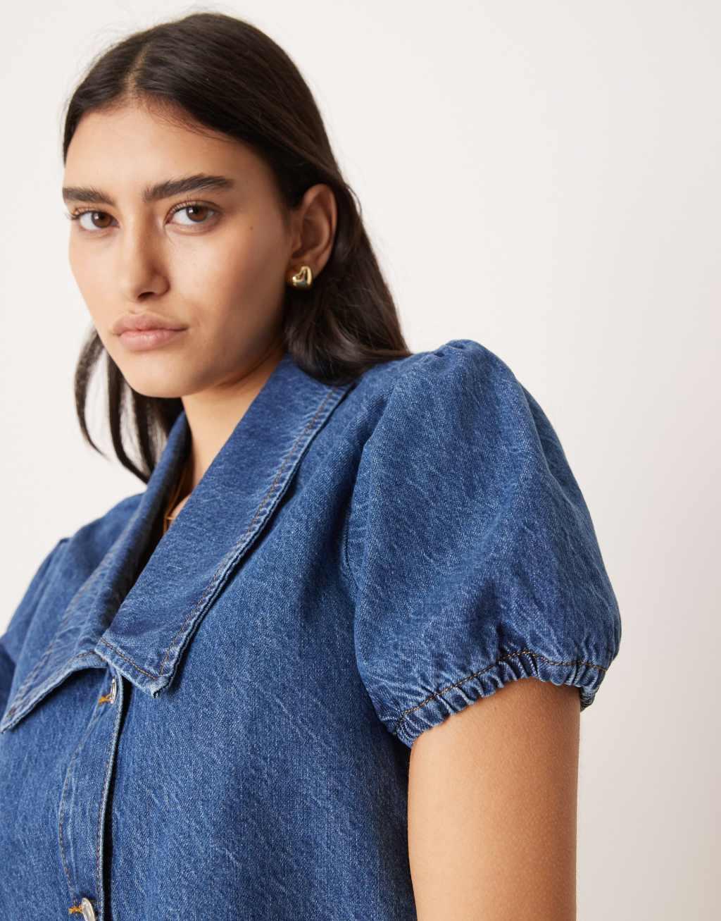ASOS DESIGN collared shirt with puff sleeves in mid blue Product Image