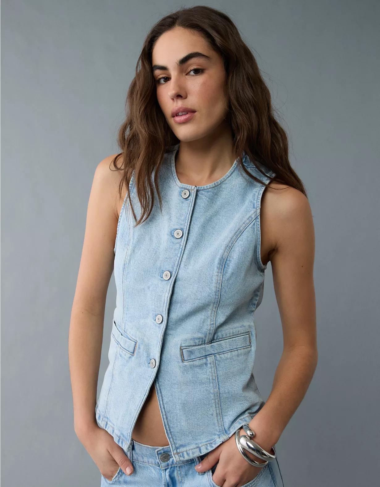 AE Crew Neck Button-Up Denim Vest Product Image