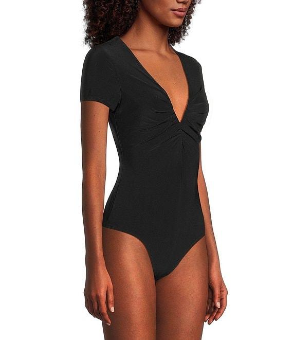 Moa Moa Short Sleeve V-Neck Ruched Bodysuit Product Image