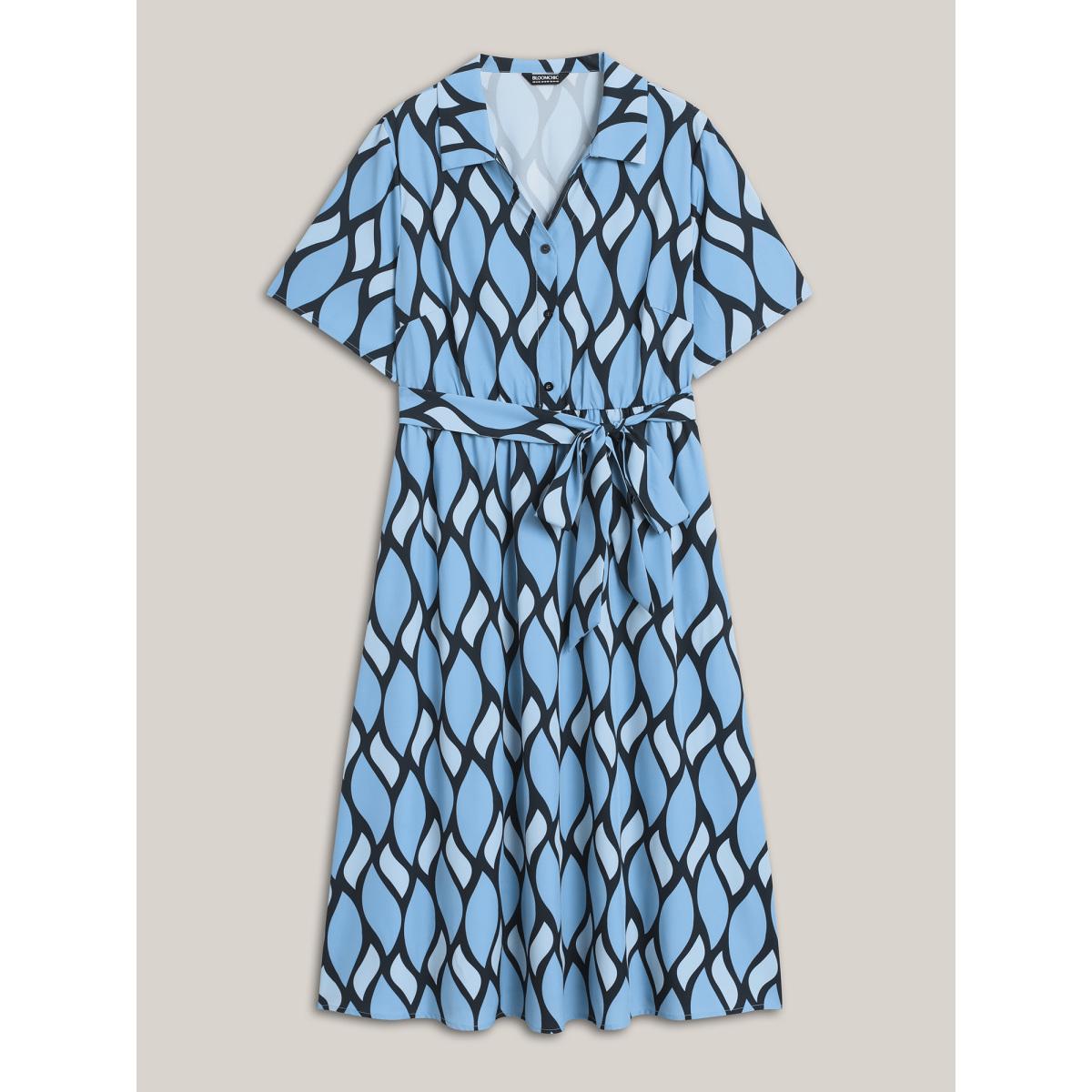 Plus Size Geometric Pattern Stretchy Waist Belted Midi Dress Multicolor Women Non Short sleeve Curvy BloomChic 18-20/2X Product Image