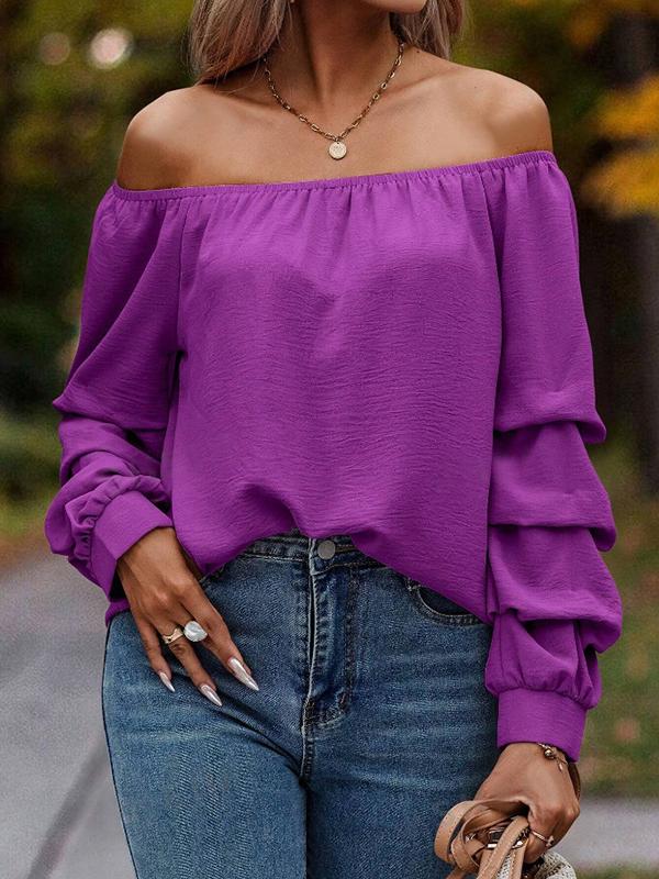 Long Sleeves Loose Elasticity Pleated Solid Color Off-The-Shoulder Blouses&Shirts Tops Product Image
