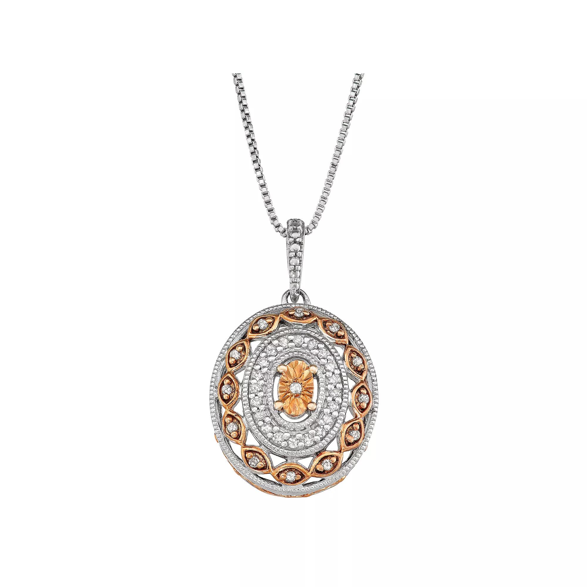 Two Tone Sterling Silver 1/6 Carat T.W. Diamond Oval Pendant Necklace, Women's, Size: 18", Pink Tone Product Image