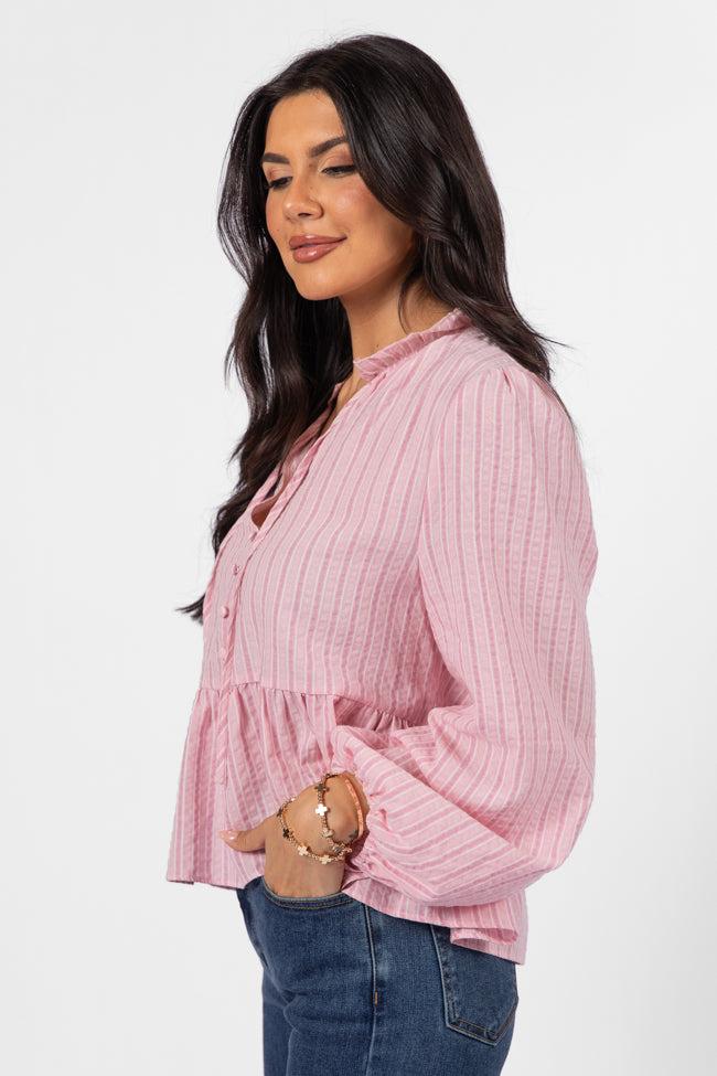 Oh My Darling Pink Stripe Notched Neckline Button Detail Peplum Blouse FINAL SALE Product Image