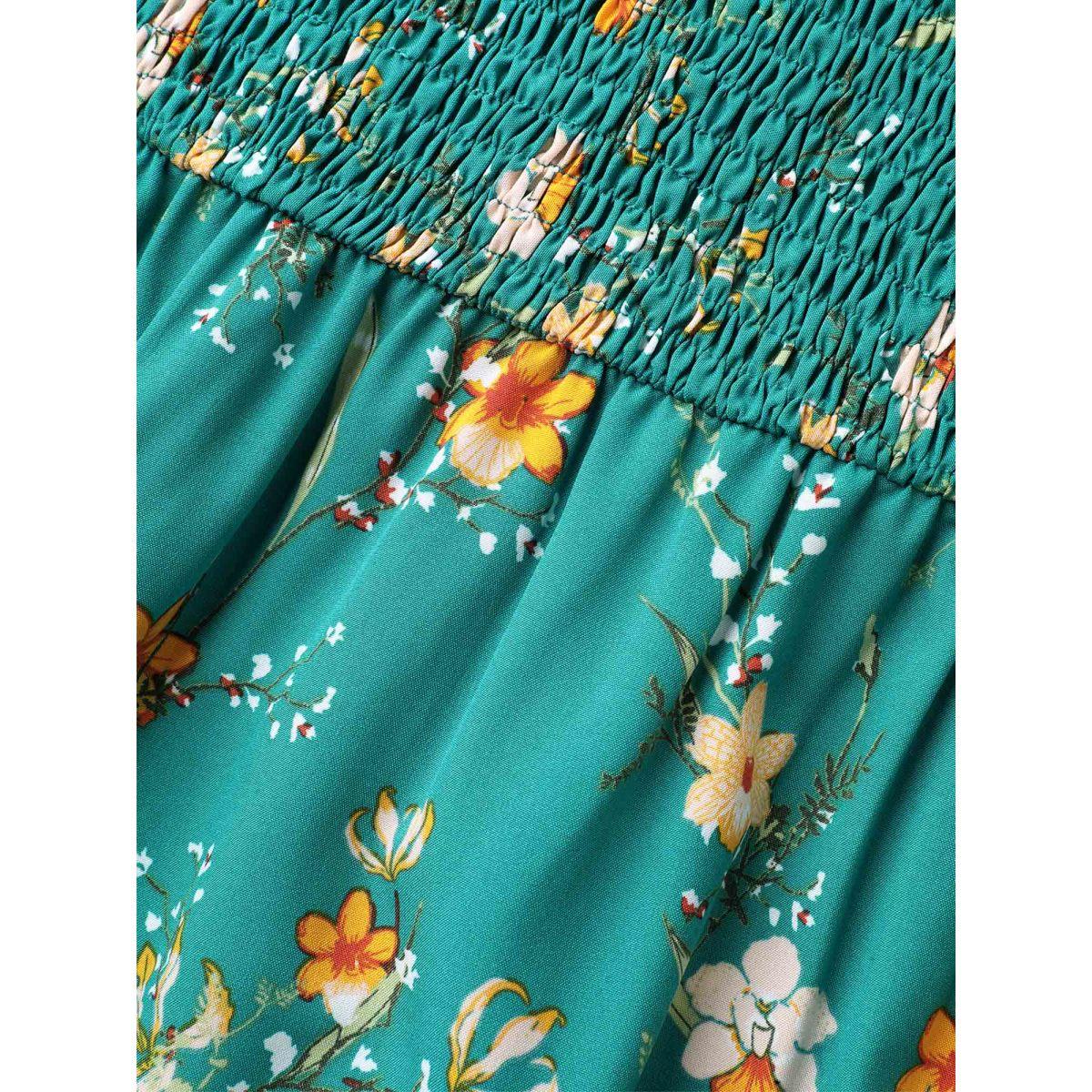 Plus Size Shirred Printed Flutter Sleeve Pockets Maxi Dress Teal Women Timeless Shirred V-neck Cap Sleeve Curvy BloomChic 26/4X Product Image