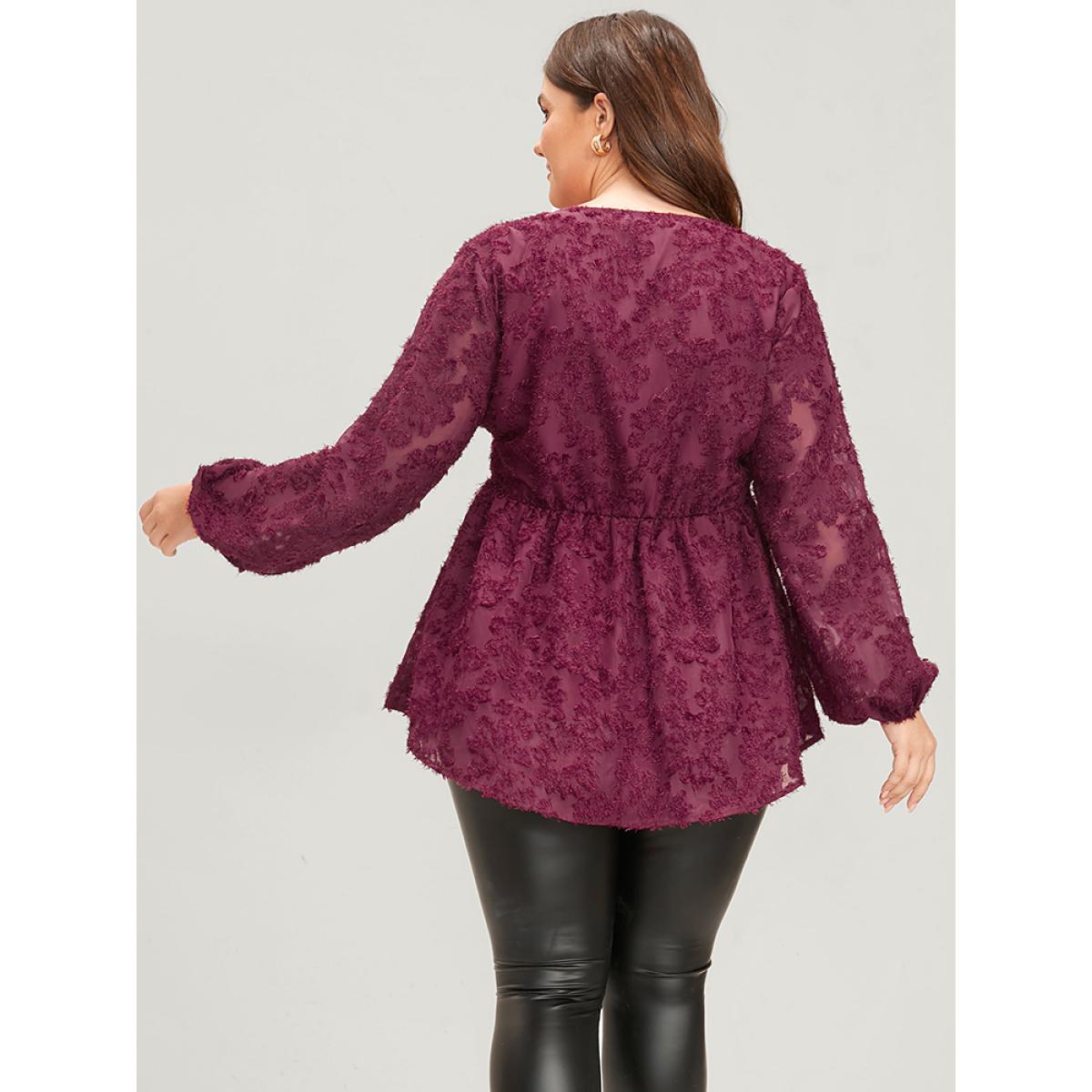 Plus Size Burgundy Floral Textured Mesh Lantern Sleeve Twist Front Blouse Women Glamour Long Sleeve V-neck Going out Blouses BloomChic 14-16/1X Product Image